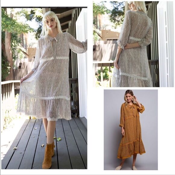 COTTAGE Core  A Shape  Lace Trimmed Dress w/ 3/4 Sleeves - Picture 3 of 16